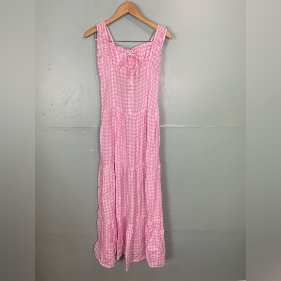 Frankie’s Bikinis Christabelle Maxi Dress Linen Gingham Plaid Pink White Medium - Picture 2 of 8